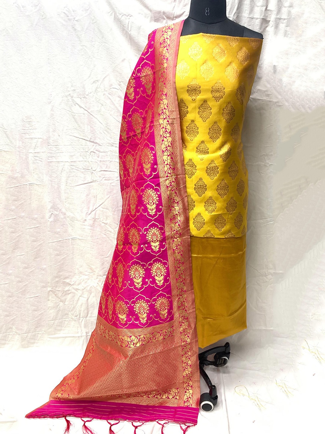 

KALINI Ethnic Motifs Printed Pure Silk Unstitched Dress Material, Yellow
