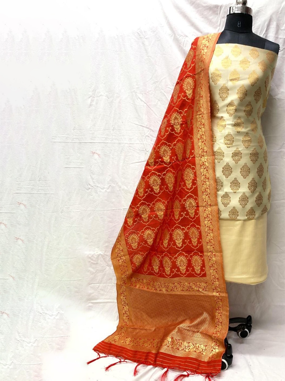 

KALINI Ethnic Motifs Woven Design Printed Pure Silk Unstitched Dress Material, Cream