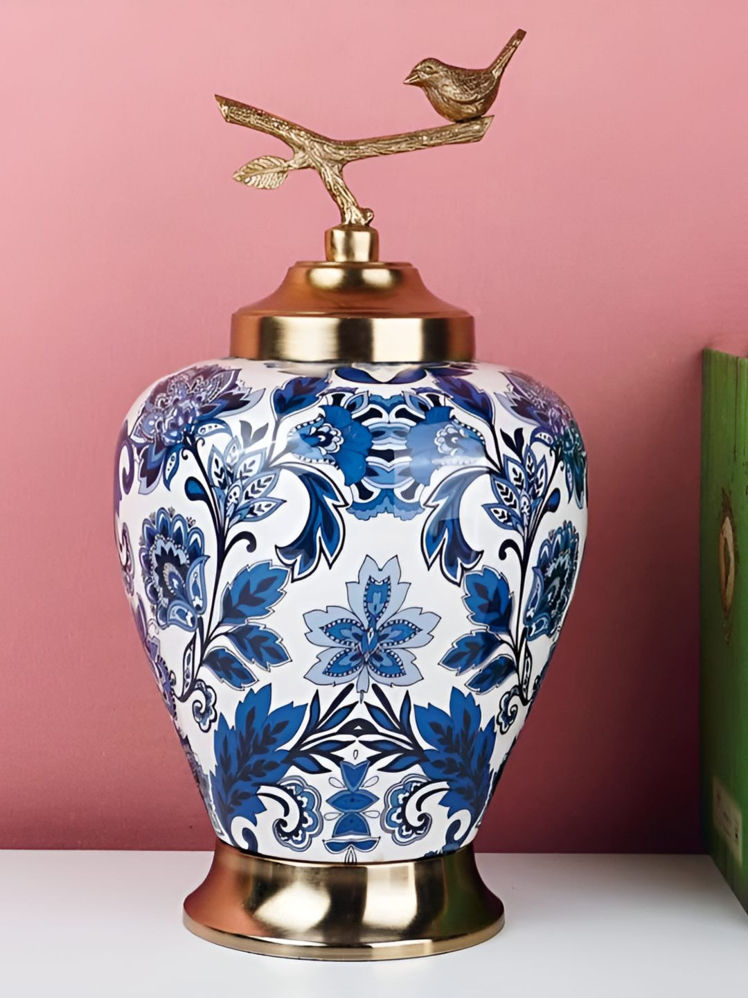 

THE HOME CO. White & Blue Floral Printed Metal Easy to Clean Container