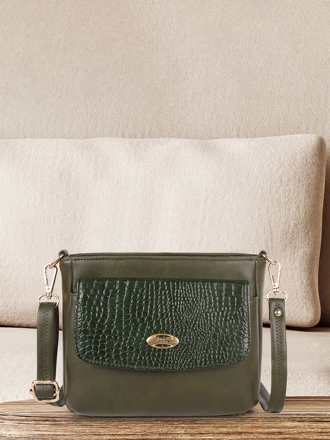 

Lancer Women Textured Structured Leather Sling Bag, Olive