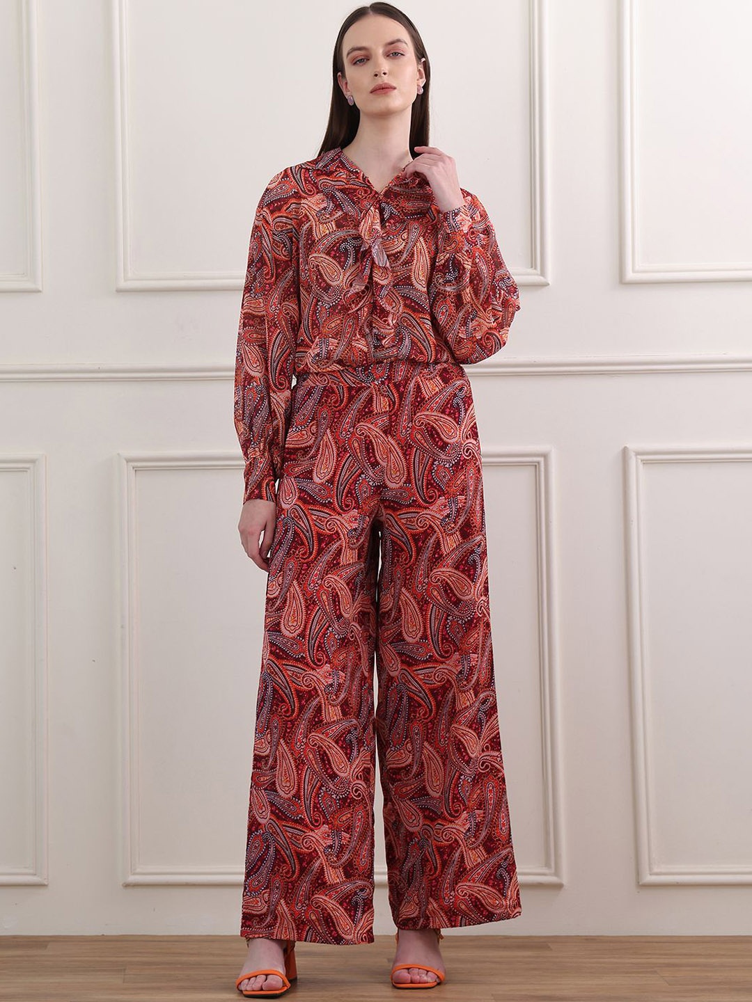

OBSHIVKA Flow & Flair Printed Shirt Collar Top With Palazzo, Maroon