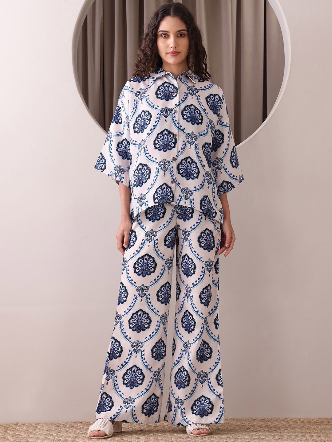 

OBSHIVKA Ethereal Prints Printed Flared Sleeves Shirt With Palazzo, White