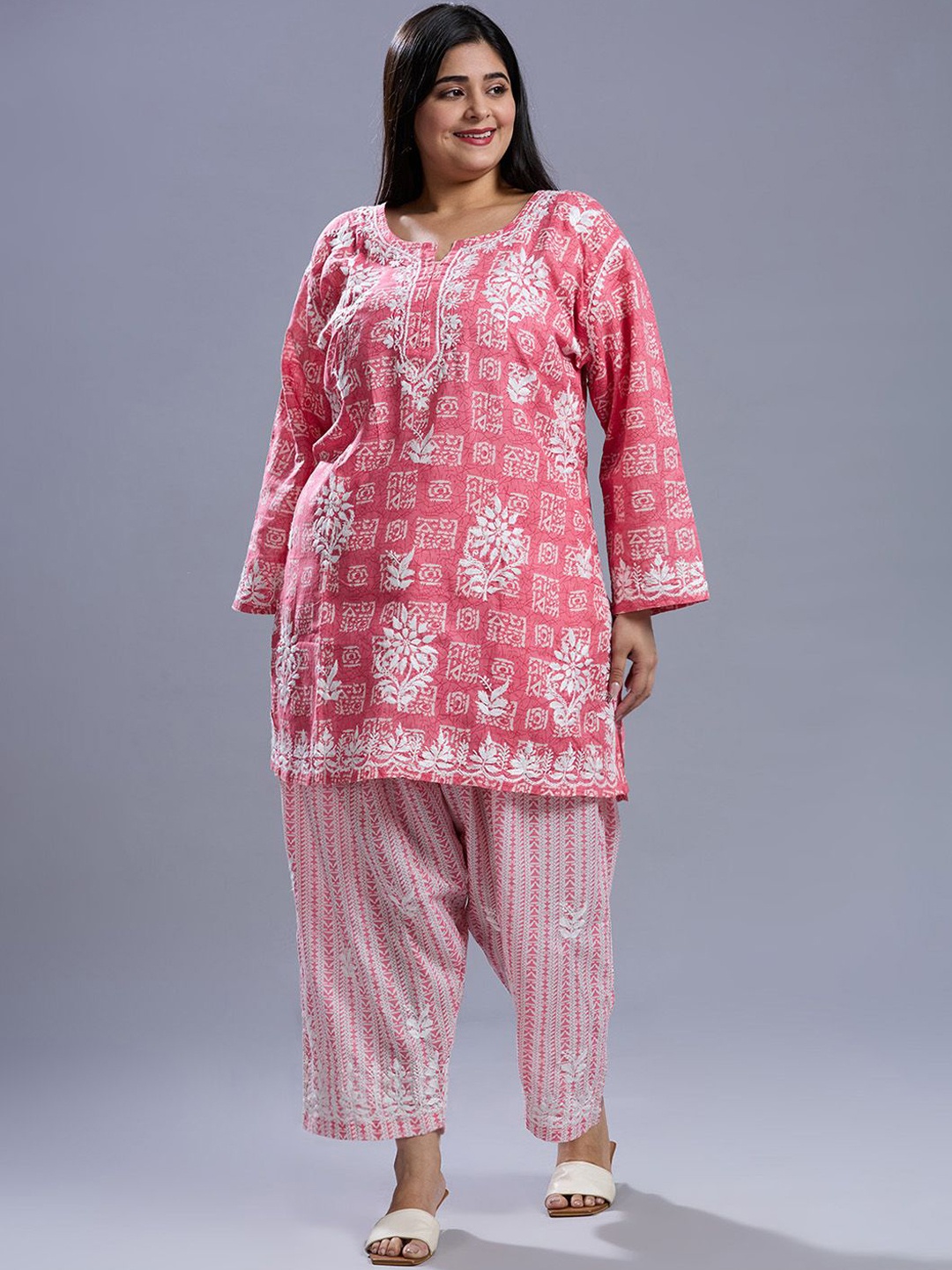 

Indiankala4u Plus Size Printed Round Neck Tunic With Palazzo, Pink