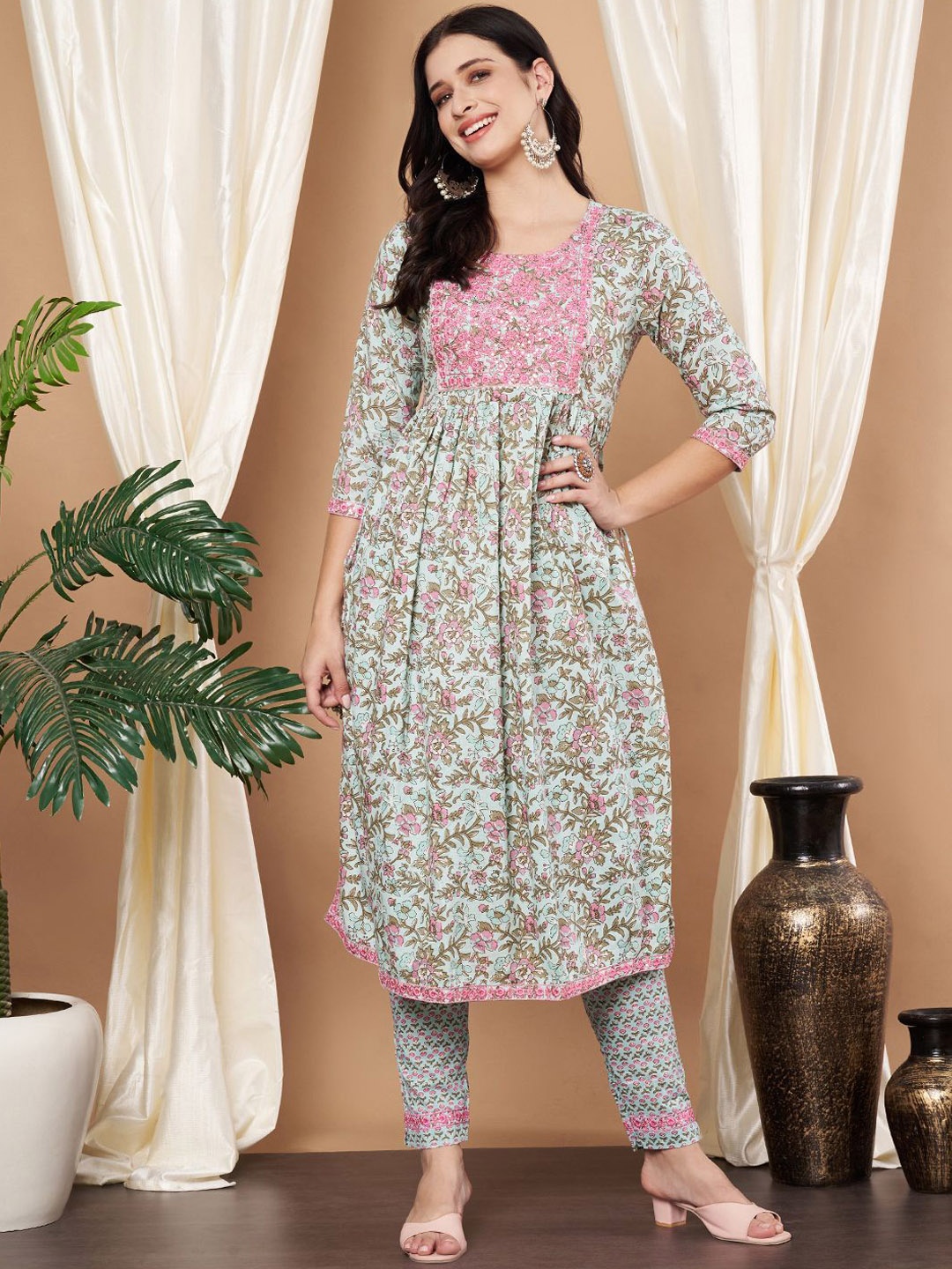 

Anouk Floral Embroidered Sequnnied Pure Cotton Anarkali Kurta With Trousers, Teal