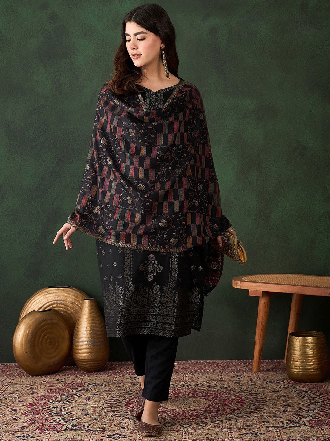 

Sangria Woven Design Floral Printed Straight Kurta With trousers And Dupatta, Black