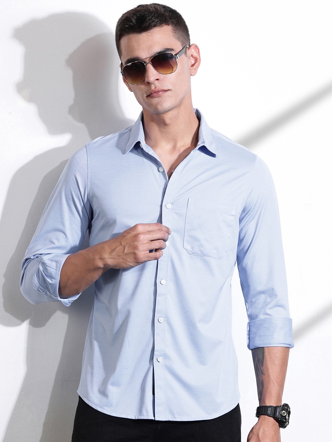 

Thomas Scott Men Classic Slim Fit Spread Collar Solid Cotton Casual Shirt, Blue