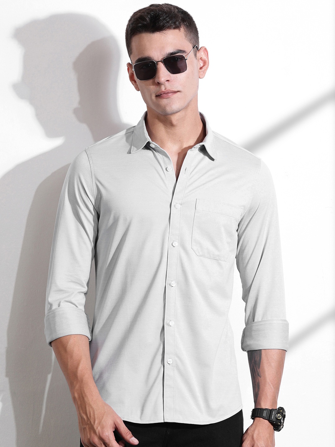 

Thomas Scott Men Classic Slim Fit Spread Collar Solid Cotton Casual Shirt, Grey
