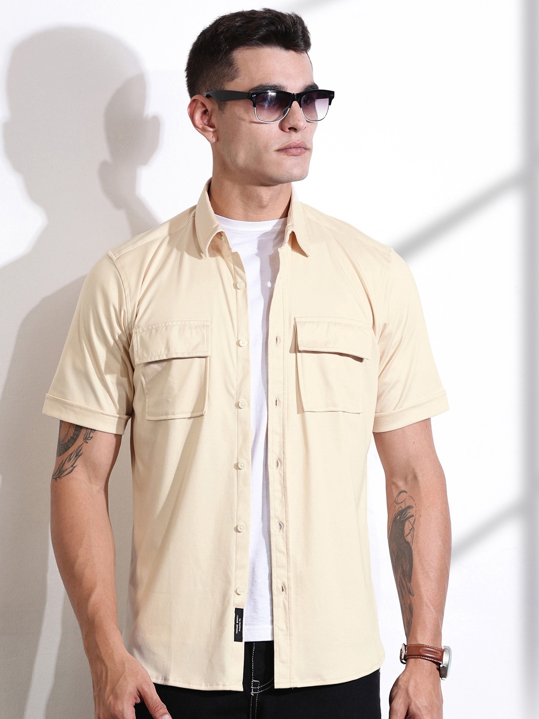 

Thomas Scott Men Classic Slim Fit Spread Collar Solid Cotton Casual Shirt, Cream