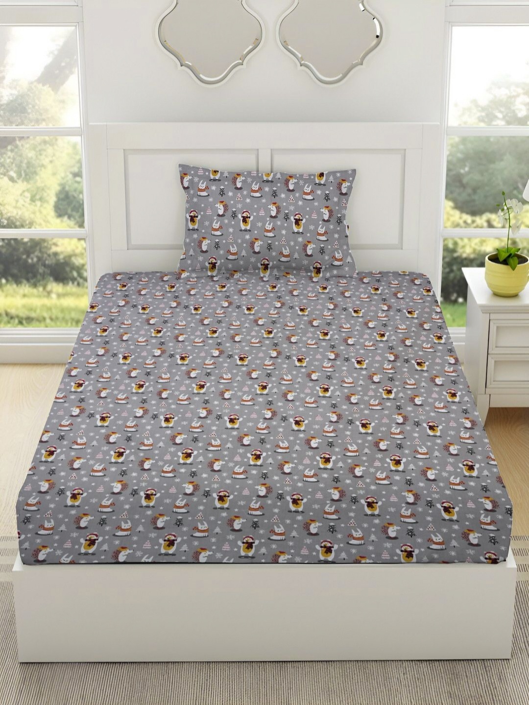 

RRC RR Creations Kids Cartoon Characters Cotton 144 TC Single Bedsheet Set 1.52m x 2.28m, Grey
