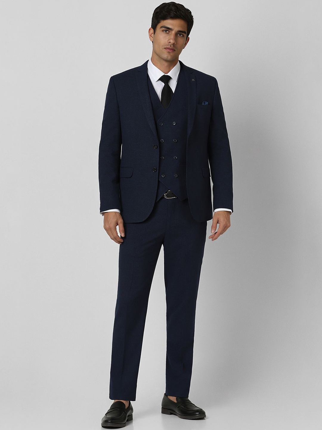 

Van Heusen Men 4-Pcs Slim Fit Self Design Notched Lapel Collar Single Breasted Suit, Navy blue