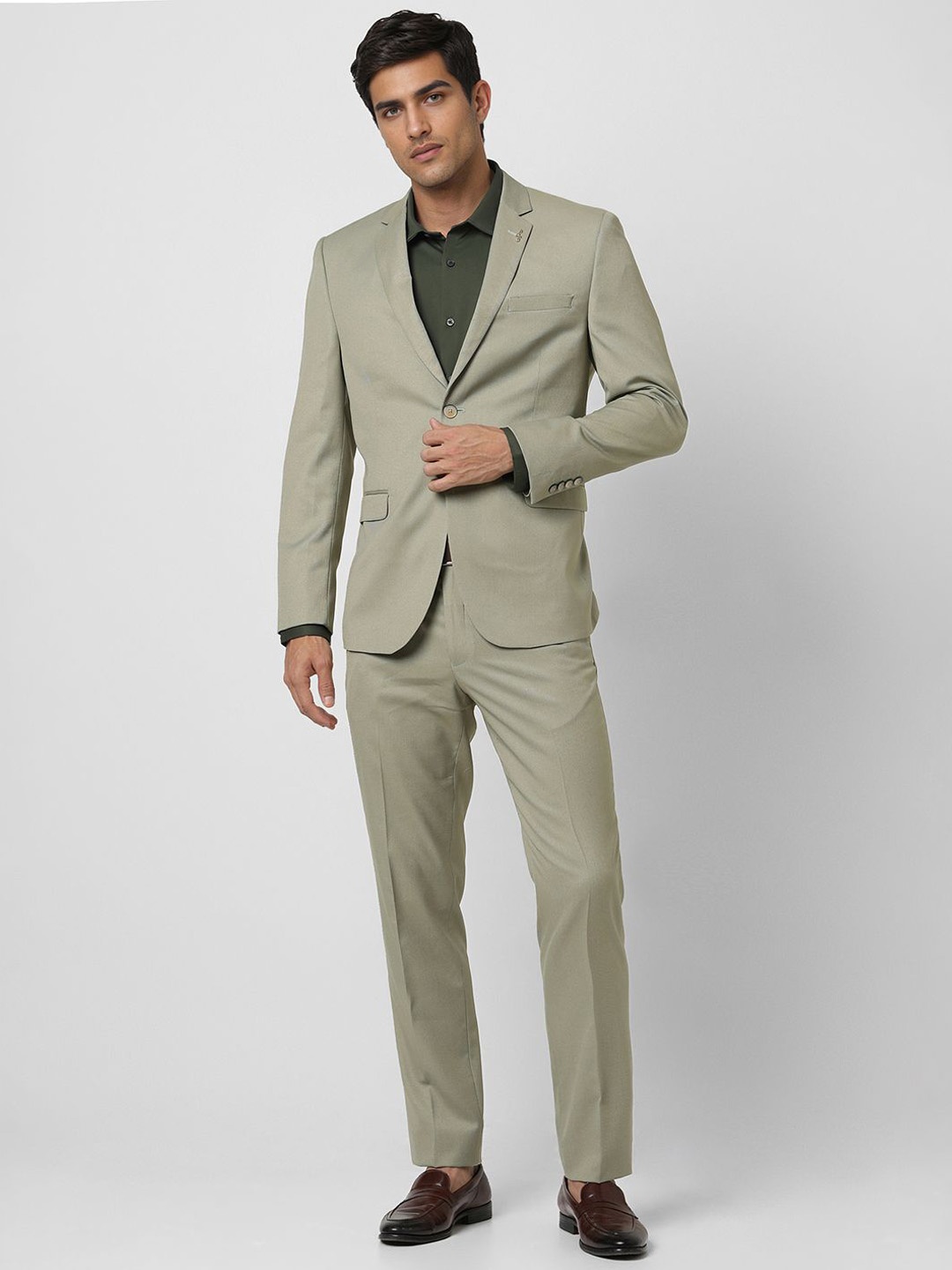 

Van Heusen Men Self Design Slim Fit Single-Breasted 2 Piece Suit, Olive