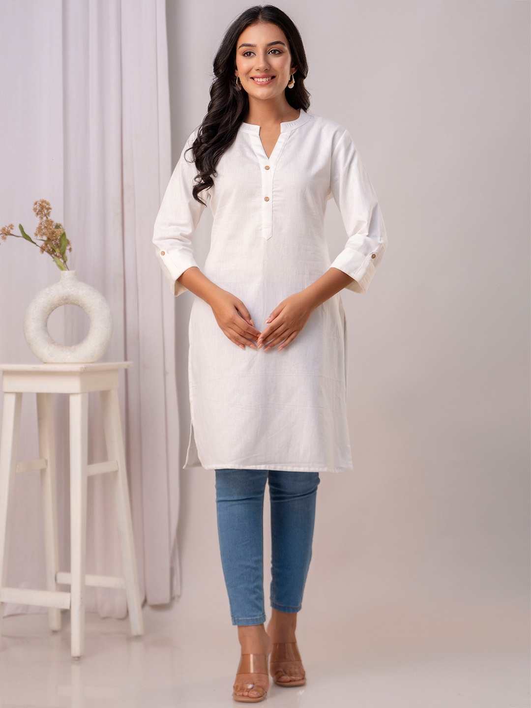 

Kohsh Mandarin Collar Pure Cotton Straight Kurtas, White