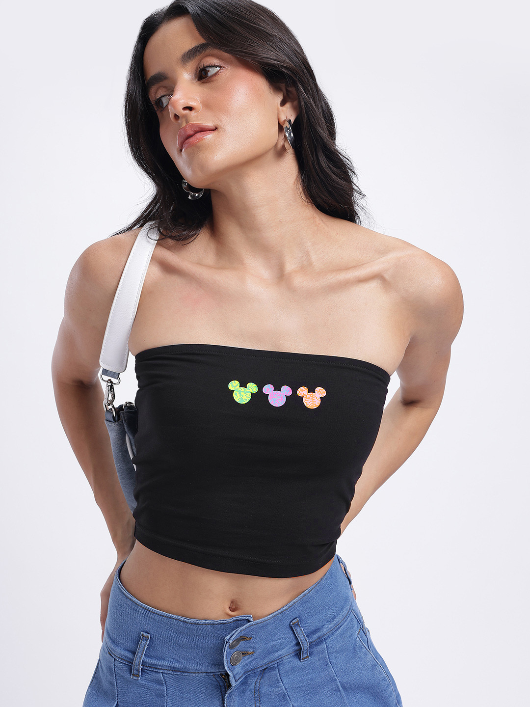 

glitchez Iconic Disney Drip Mickey Mouse Print Crop Fitted Tube Top, Black