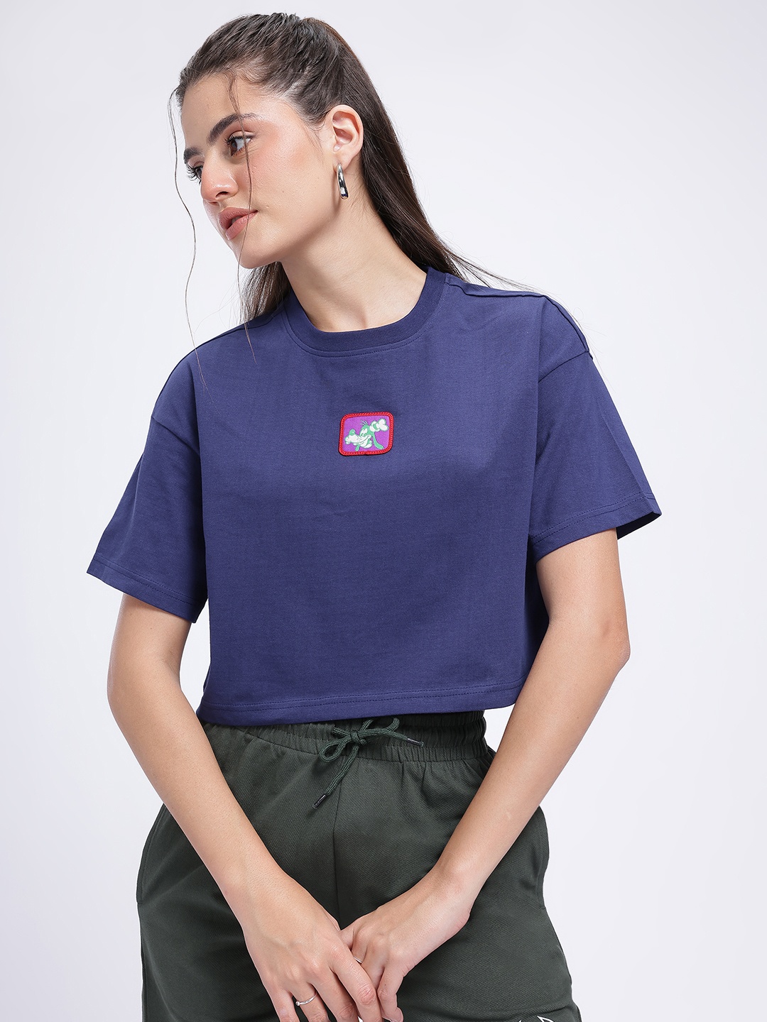 

glitchez Disney Goofy Vibes Drop-Shoulder Sleeves Applique T-shirt, Navy blue