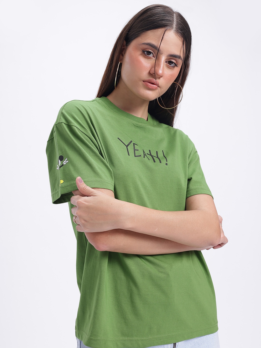 

glitchez Dazzling Disney Printed Oversized T-shirt, Green