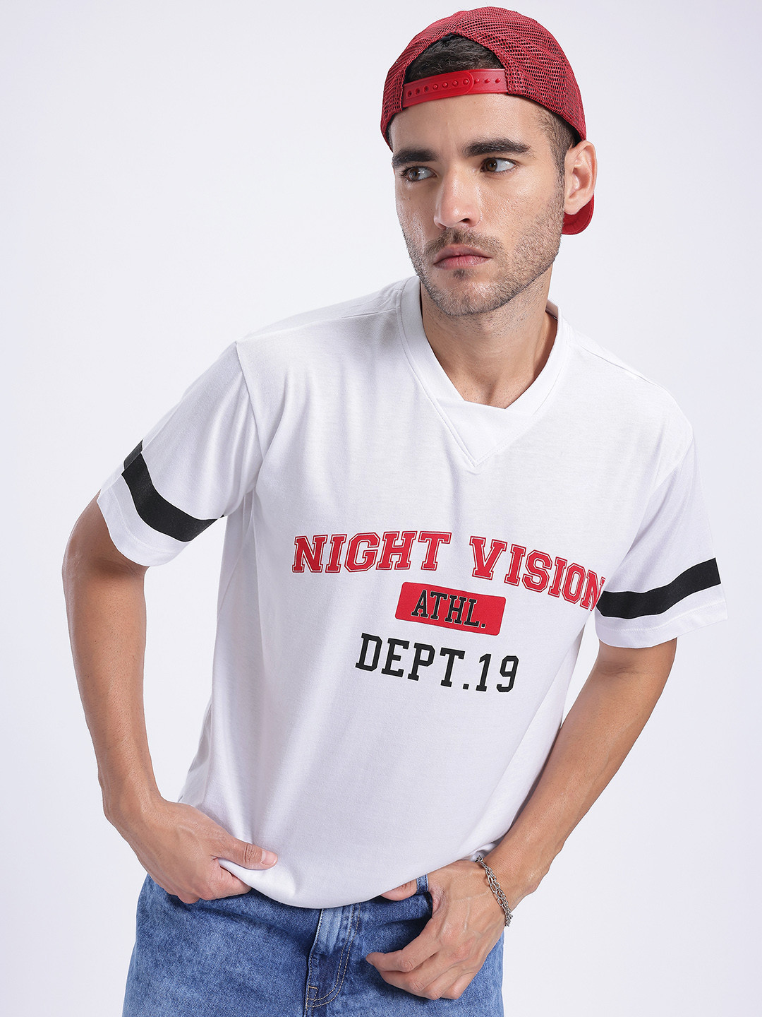 

glitchez Speak Your Style Printed V-Neck Oversized T-shirt, White