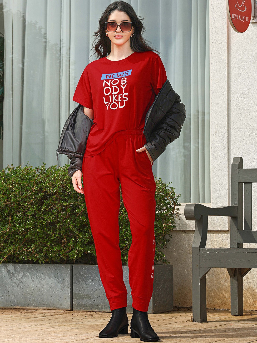 

Zeyo Printed Round Neck T-Shirt With Jogger, Red