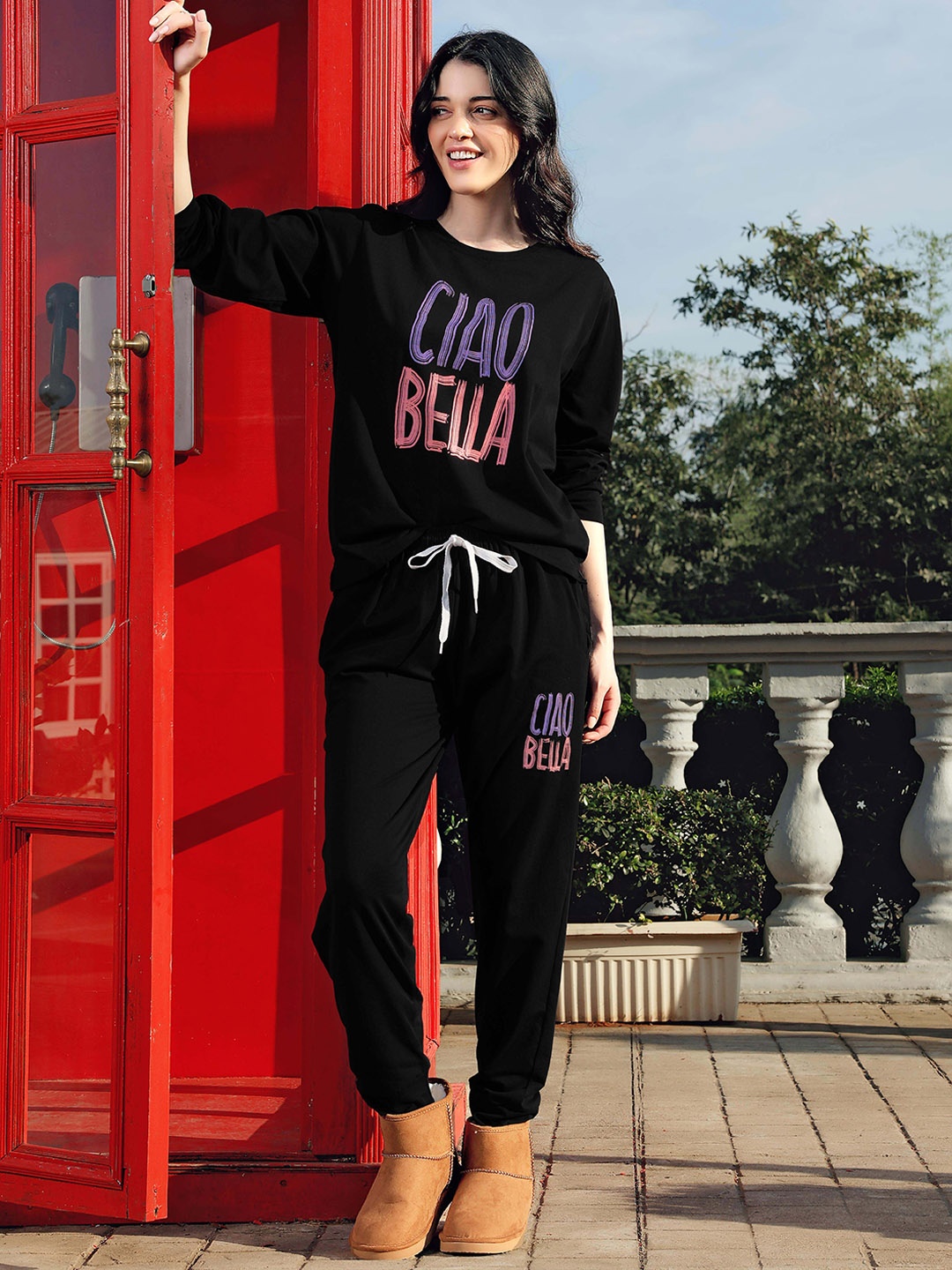 

Zeyo Printed Round Neck T-Shirt With Jogger, Black