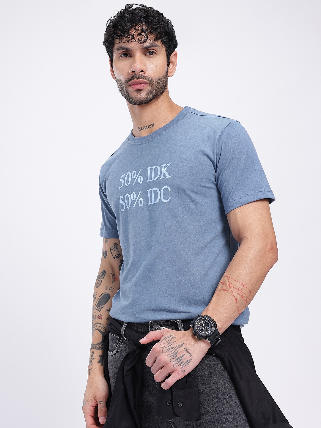 

glitchez Too Cool To Care Typography Printed T-shirt, Blue