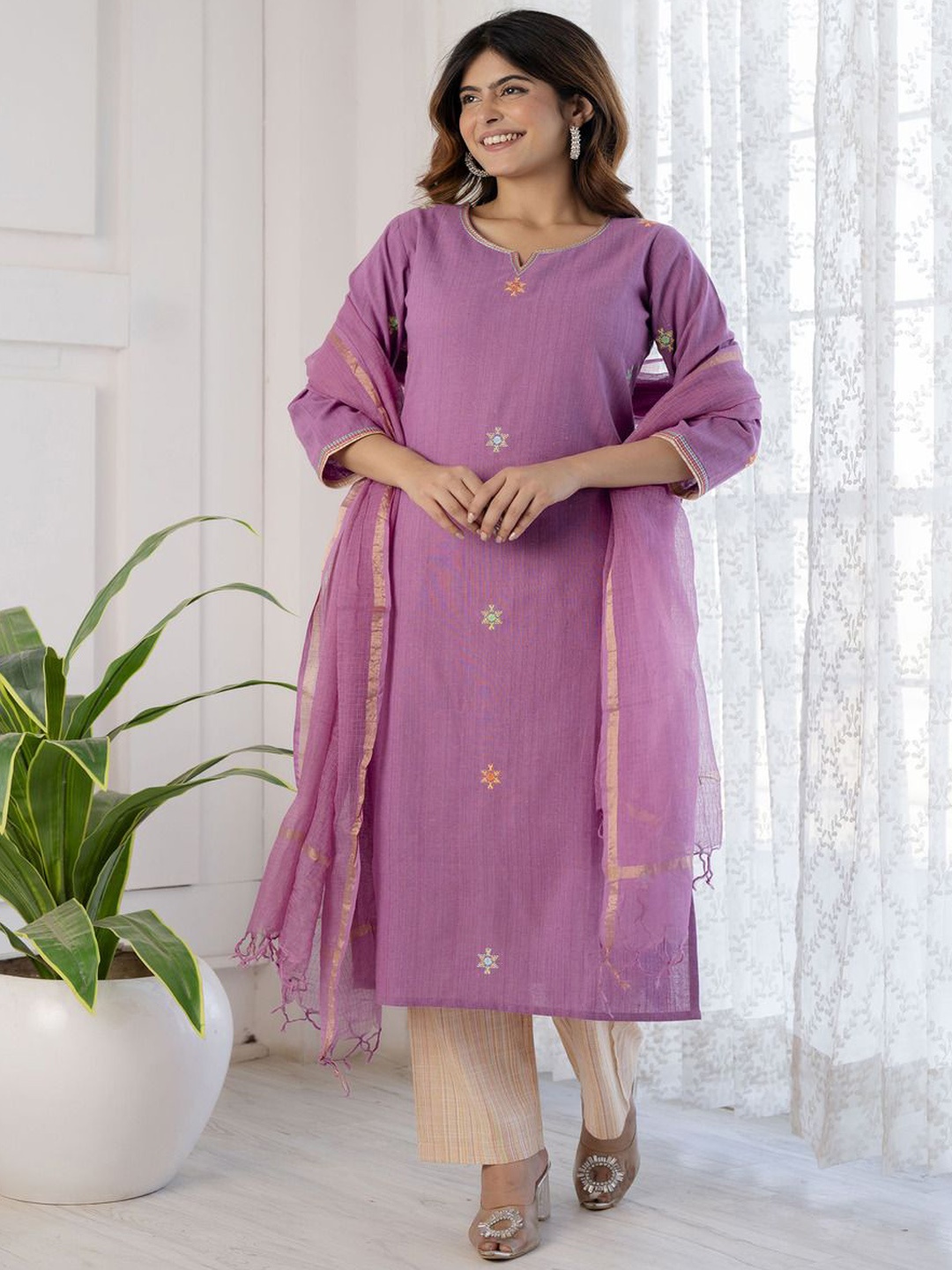 

DishaDakshin Embroidered Straight Thread Work Pure Cotton Kurta With Trousers And Dupatta, Purple