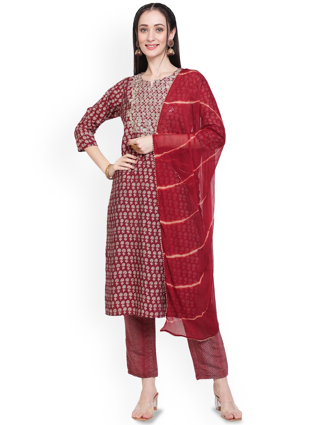 

BAESD Women Floral Printed Kurta Palazzo With Duppata Set, Maroon