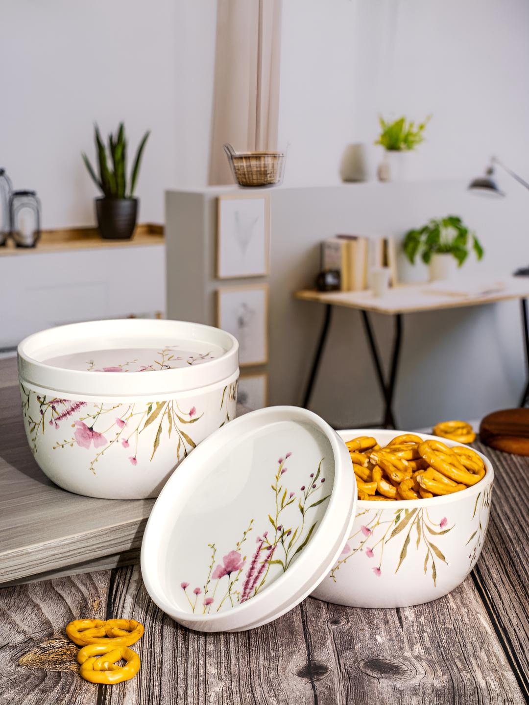 

Servewell White & Pink 2 Pieces Floral Printed Melamine Glossy Bowl Set