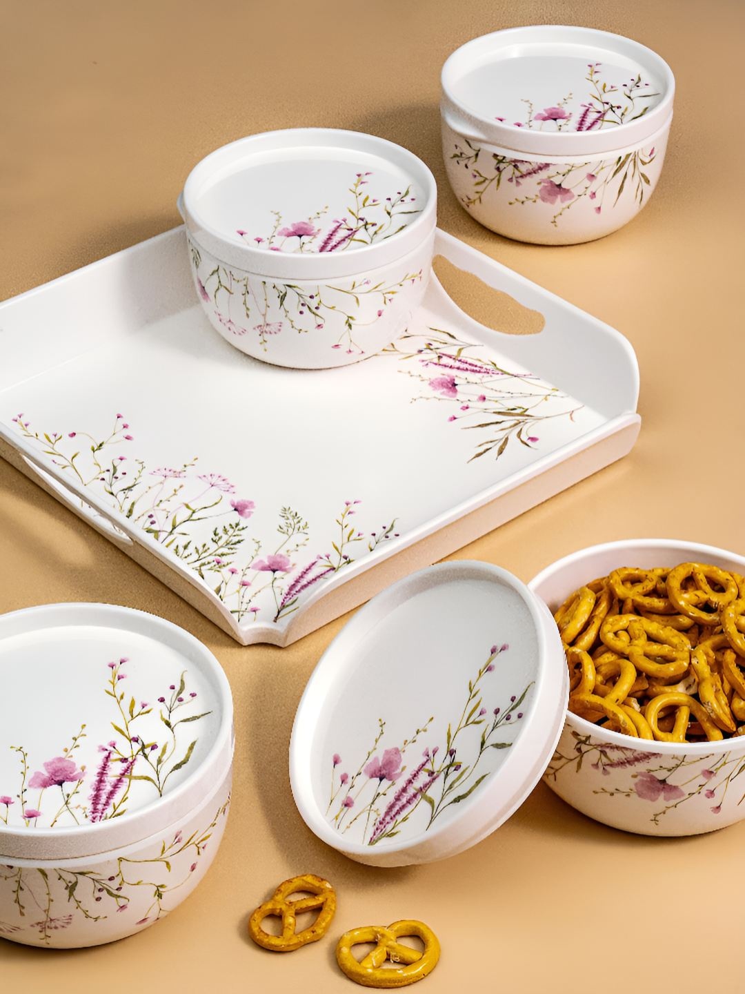 

Servewell White & Pink 5 Pieces Floral Printed Melamine Glossy Dishwasher Safe Serving Set