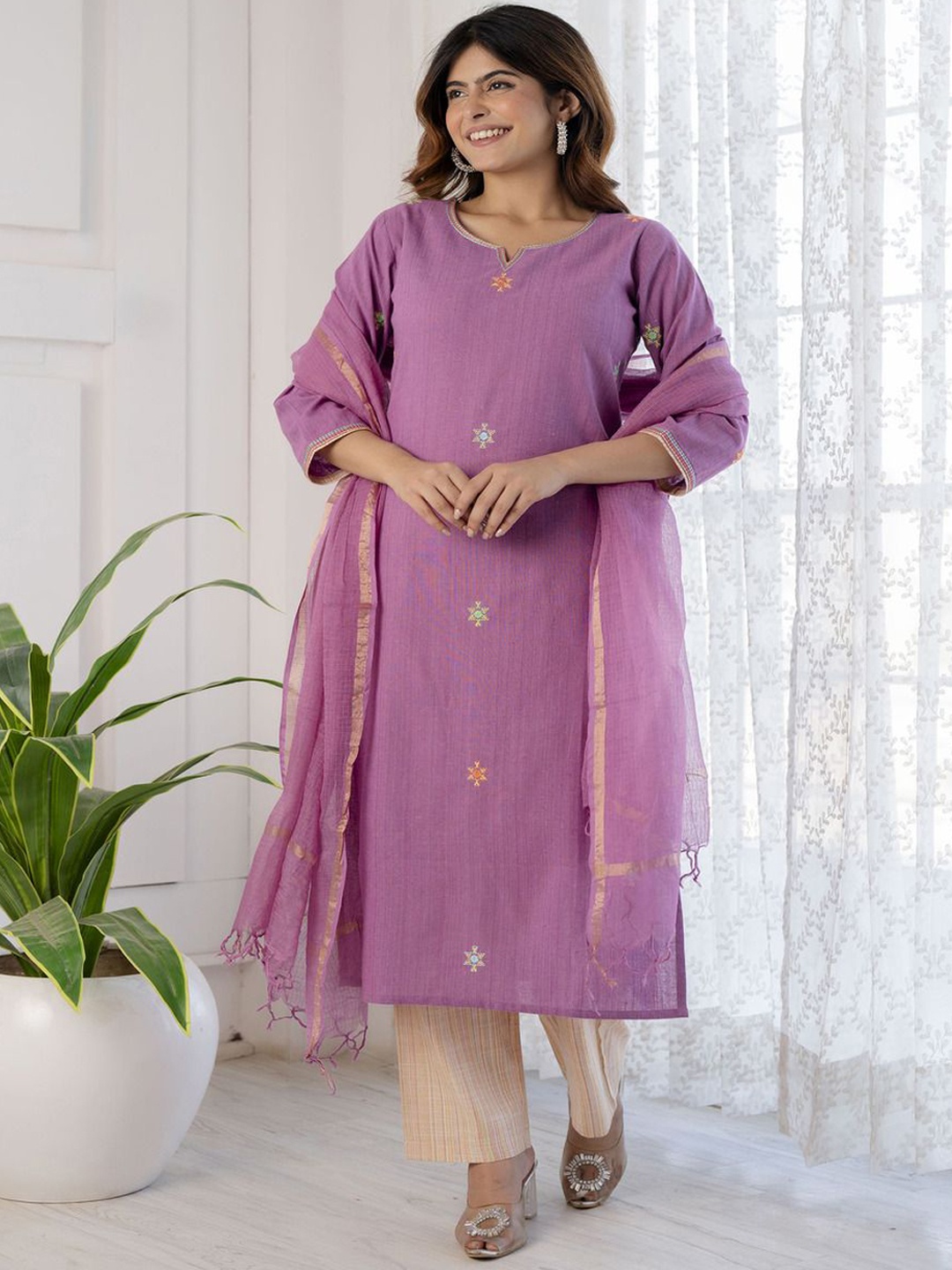 

DishaDakshin Embroidered Straight Thread Work Pure Cotton Kurta With Trousers And Dupatta, Purple