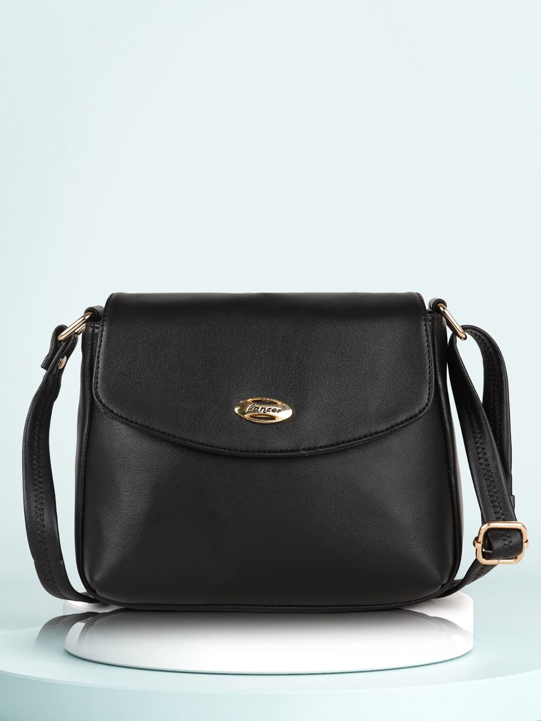 

Lancer Women Solid Structured Leather Sling Bag, Black
