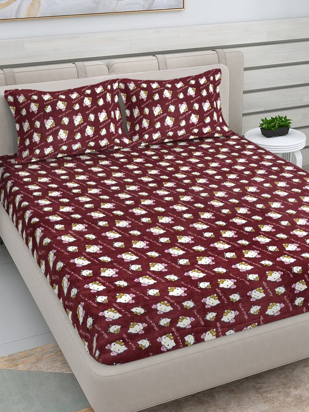 FABINALIV Kids-Unisex Maroon Printed Woollen 300 TC King Bedsheet Set-2.50 m x 2.25 m