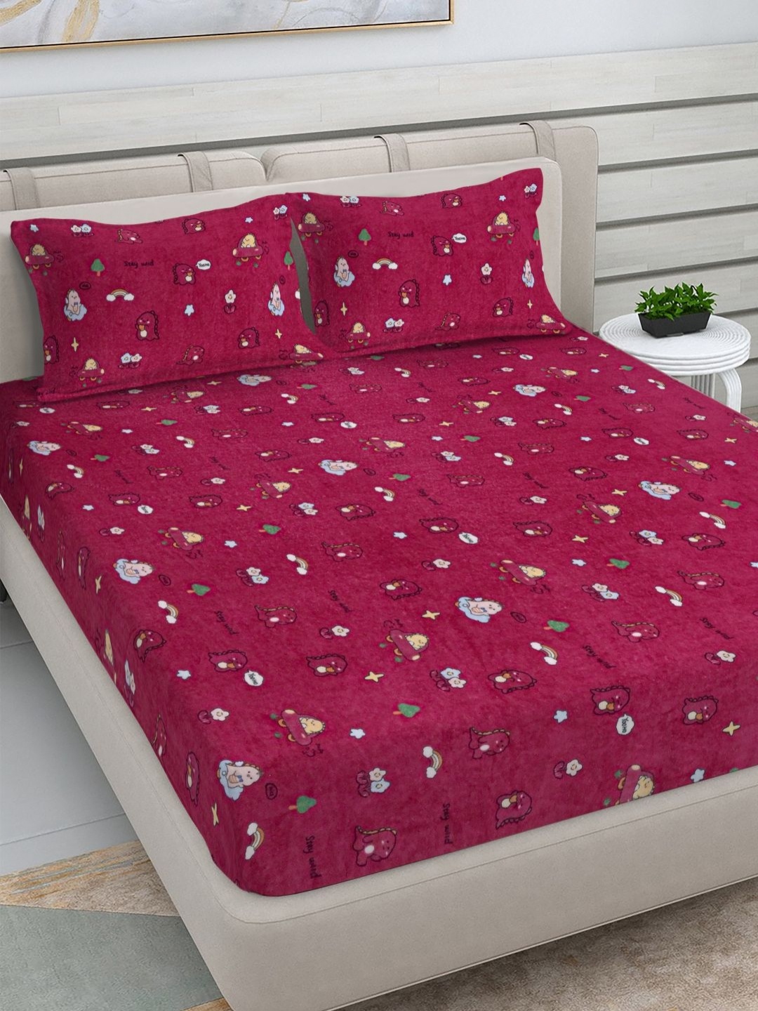 

FABINALIV Kids-Unisex Pink Printed Woollen 300 TC King Bedsheet Set-2.50 m x 2.25 m