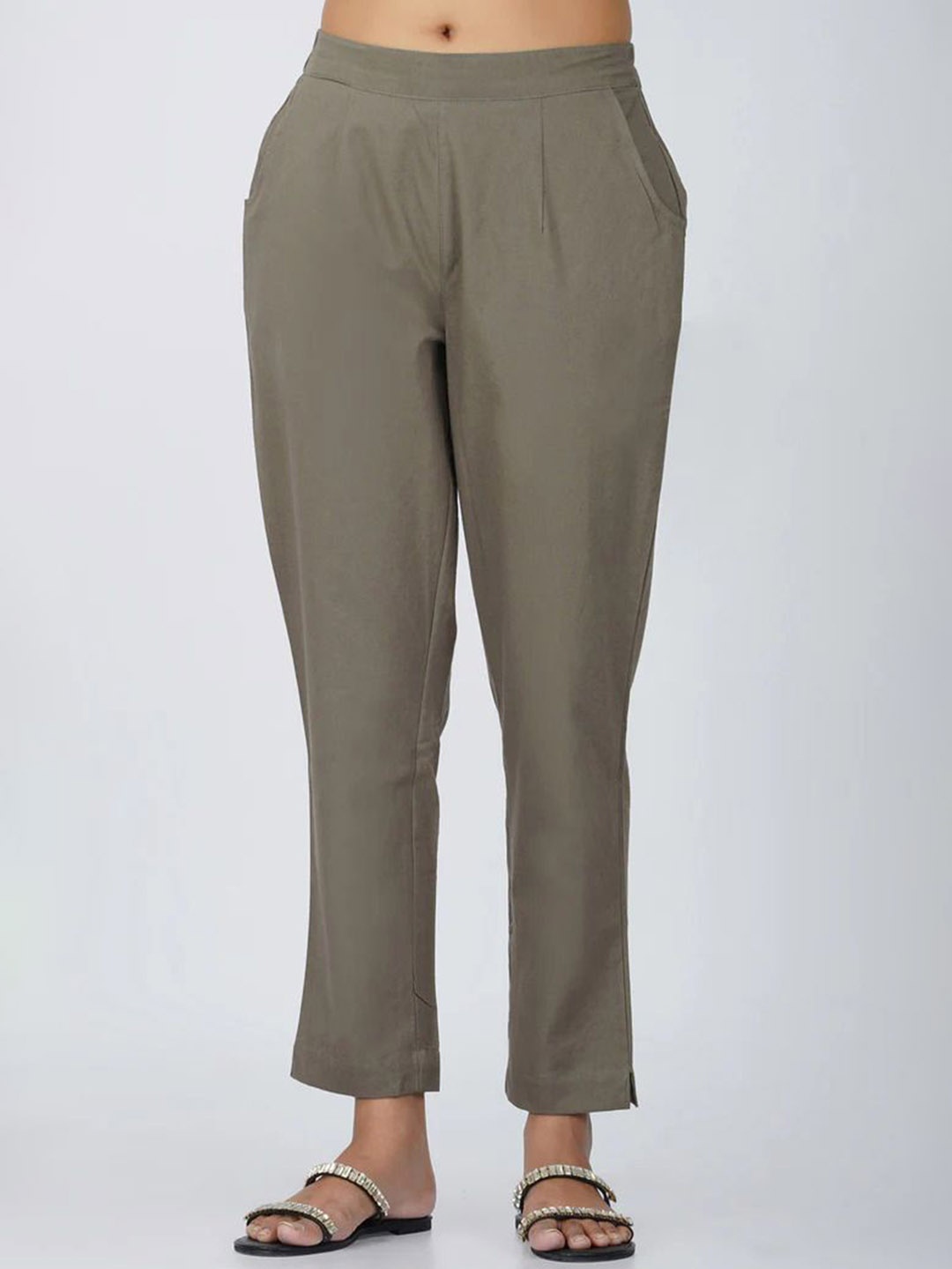

MIRAYYA Women Cotton Relaxed Cigarette Trousers, Grey