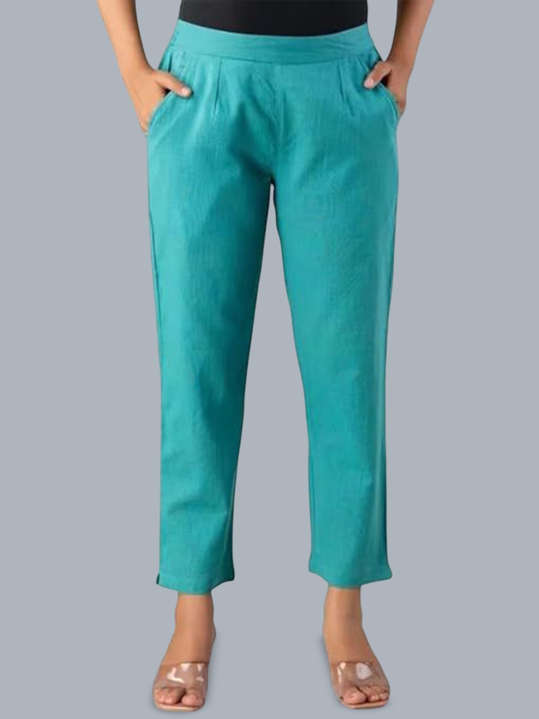 

MIRAYYA Women Relaxed Mid-Rise Cotton Cigarette Trouser, Turquoise blue