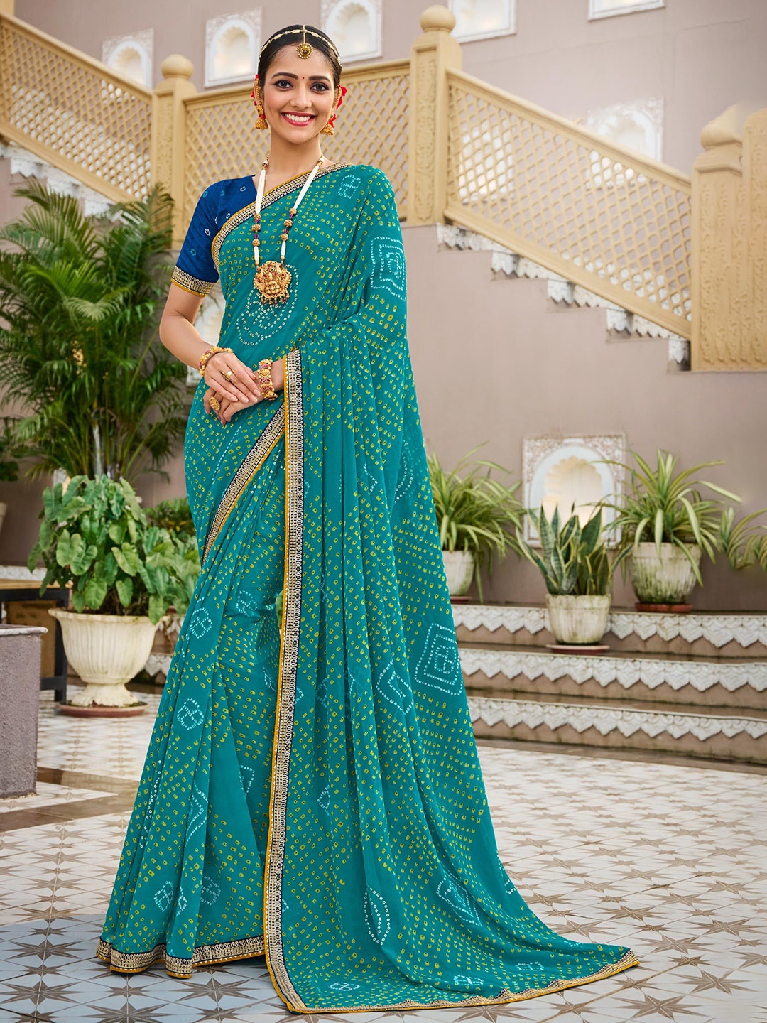 

Laxmipati Bandhani Embroidered Saree, Turquoise blue