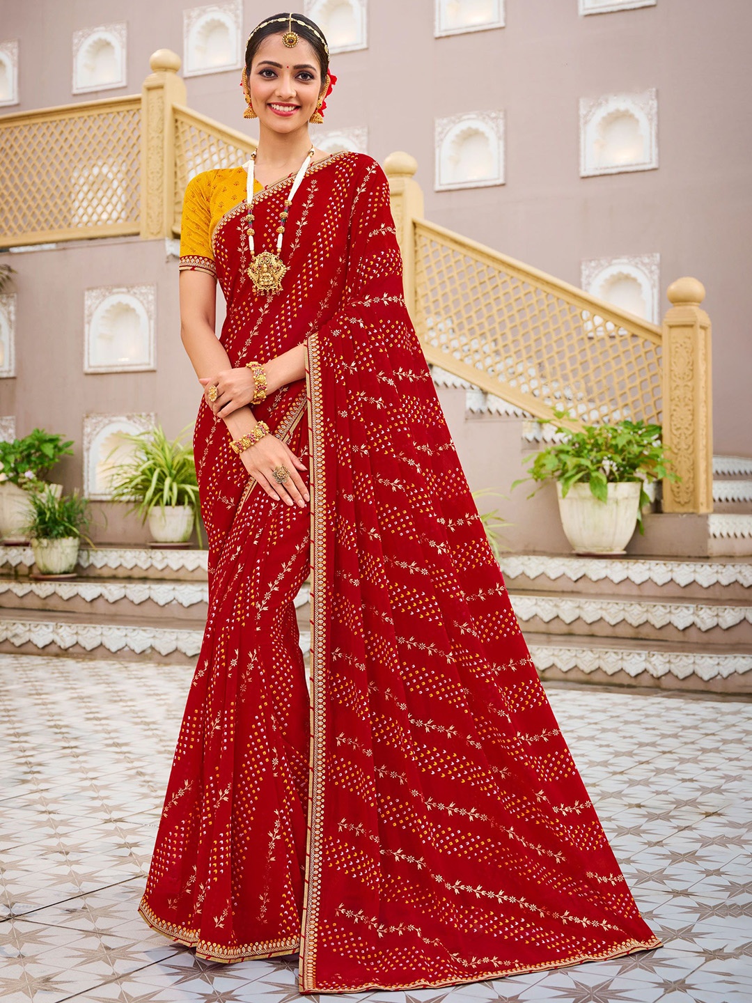 

Laxmipati Bandhani Printed Embroidered Saree, Red