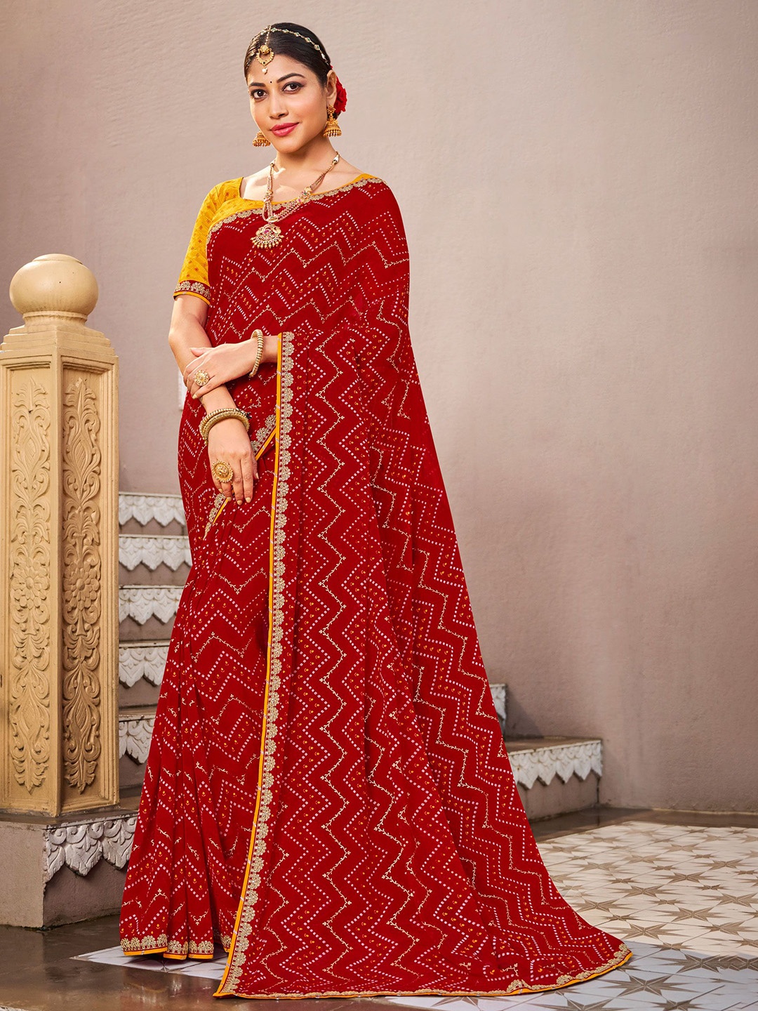 

Laxmipati Bandhani Printed Saree, Red