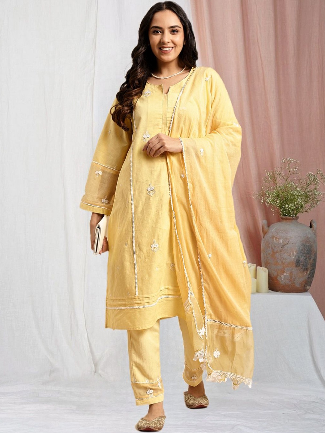 

zuri Floral Embroidered Thread Work Pure Cotton Straight Kurta With Trouser & Dupatta, Yellow