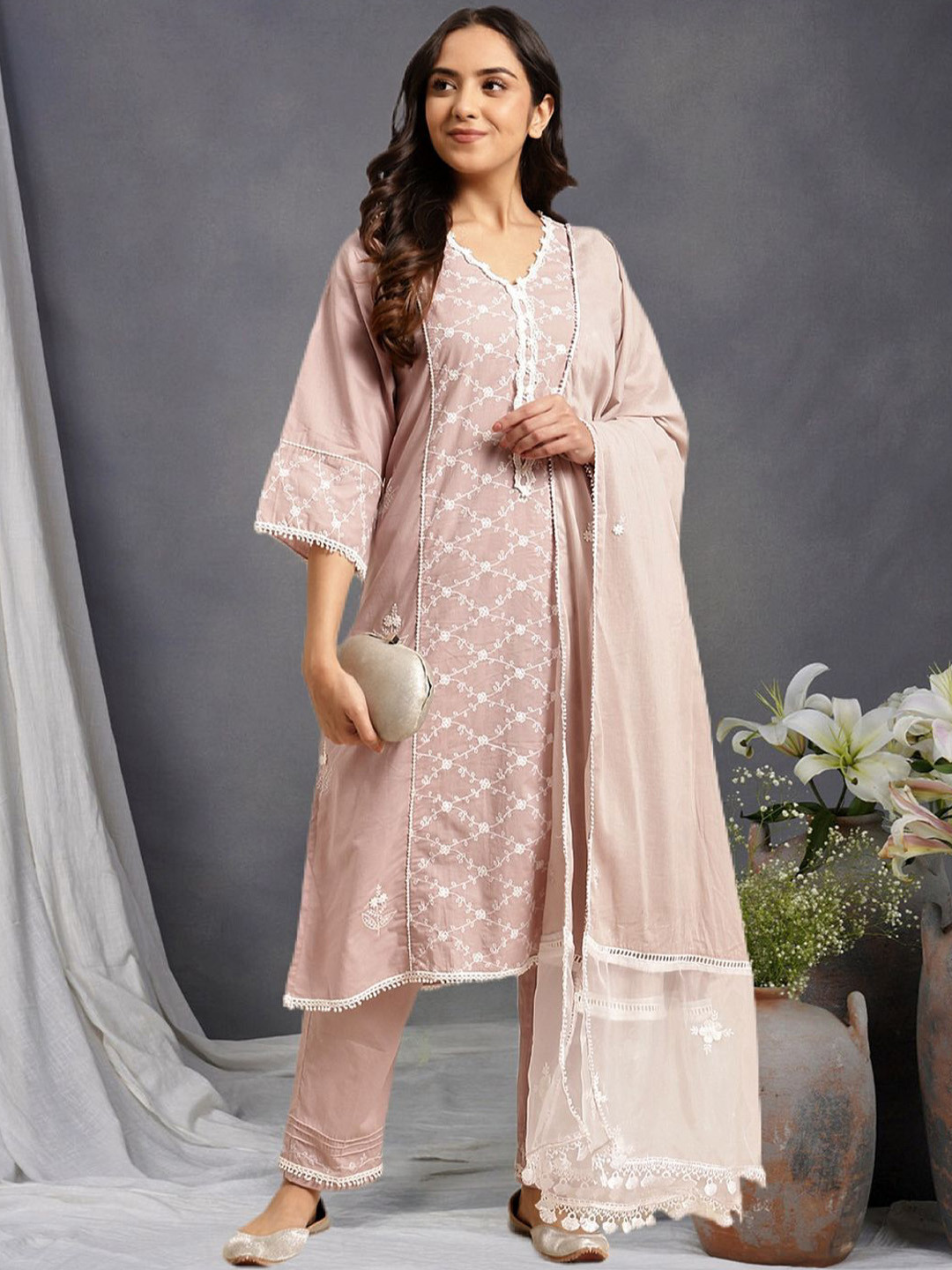 

Zuri Floral Embroidered V-Neck Pure Cotton Straight Kurta With Trousers & Dupatta, Taupe