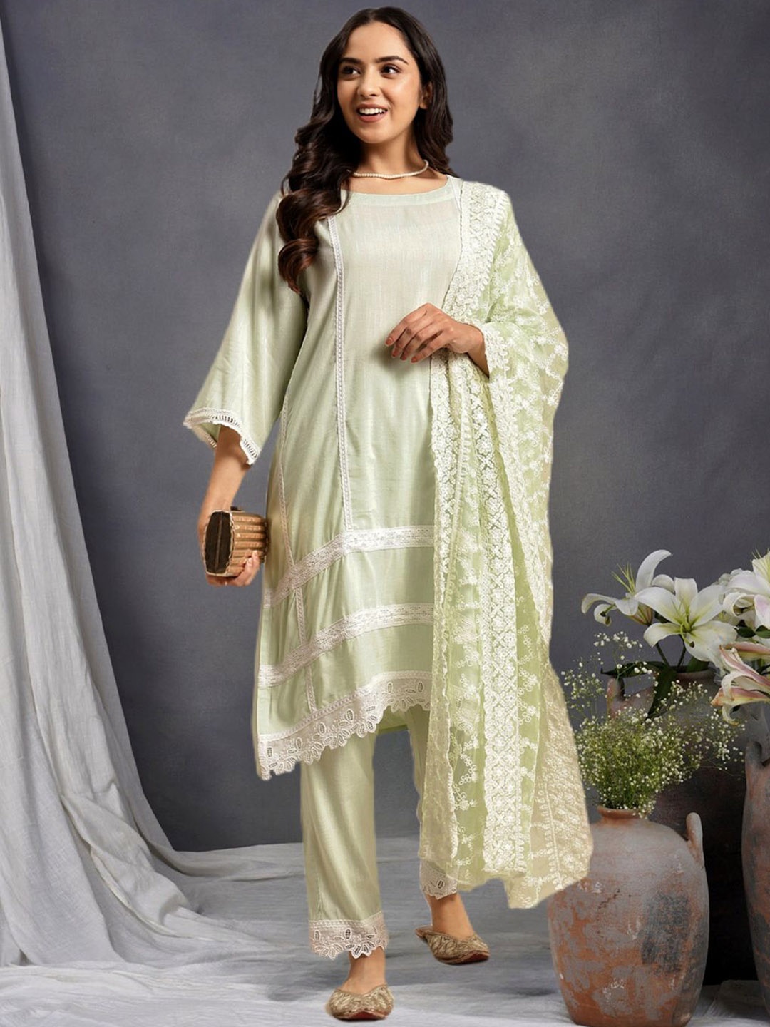 

Zuri Floral Embroidered Pure Cotton Straight Kurta With Trousers & Dupatta, Green
