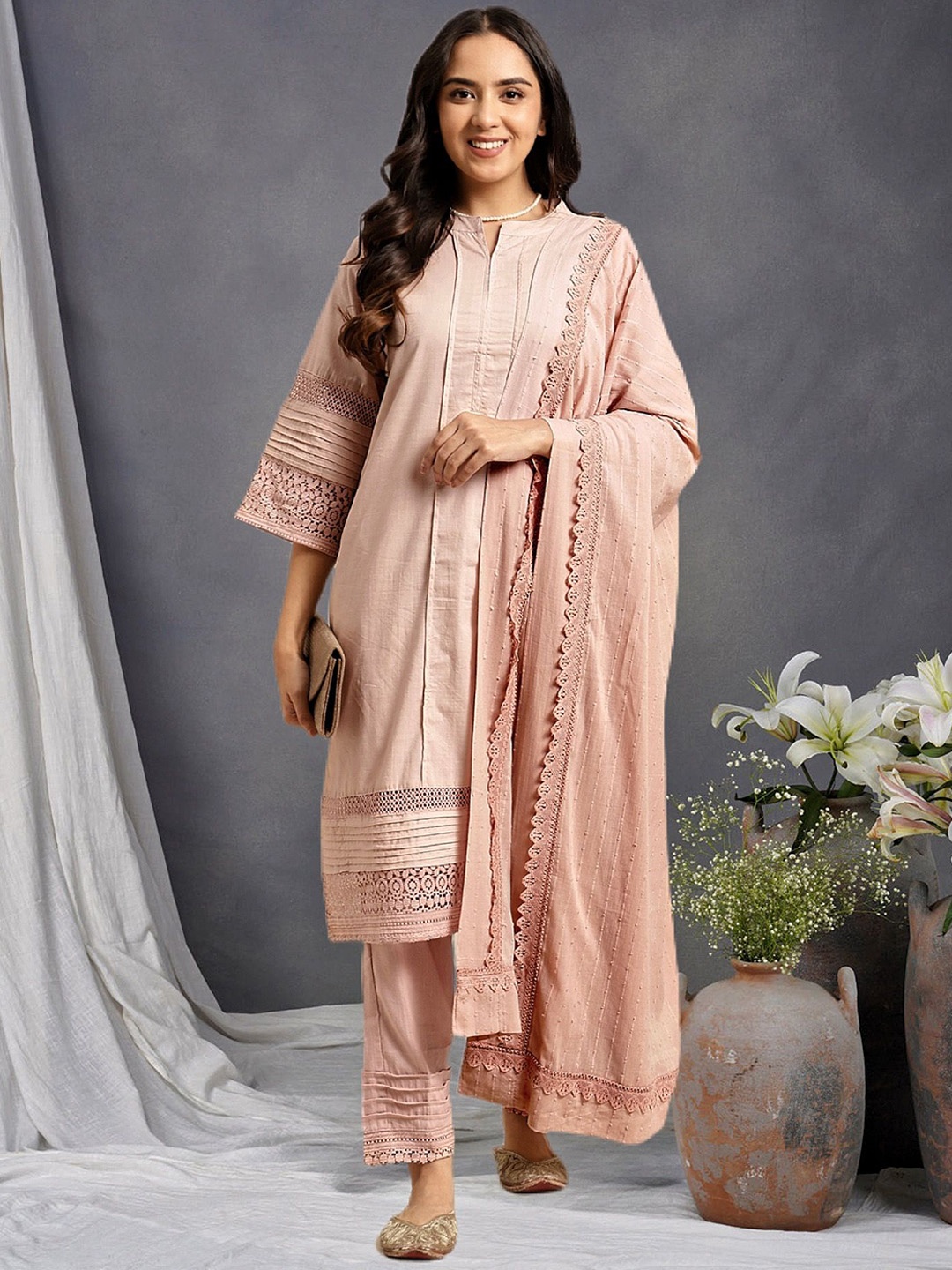 

zuri Notch-Neck Pure Cotton Straight Kurta With Trouser And Dupatta, Peach