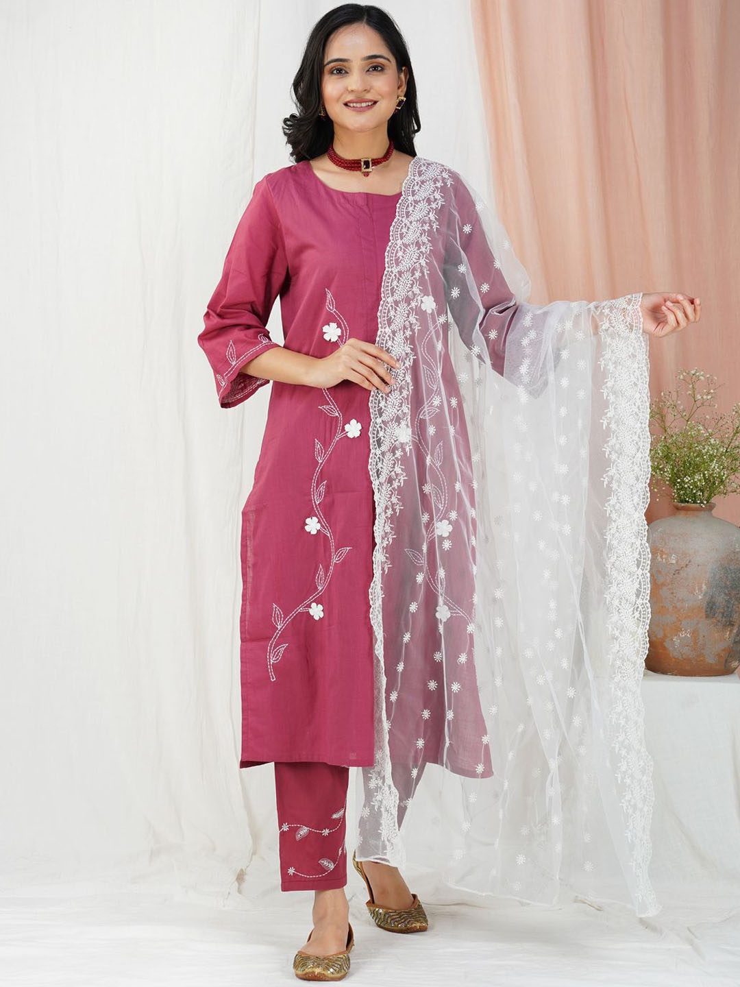 

Zuri Floral Embroidered Pure Cotton Straight Kurta With Trousers & Dupatta, Maroon