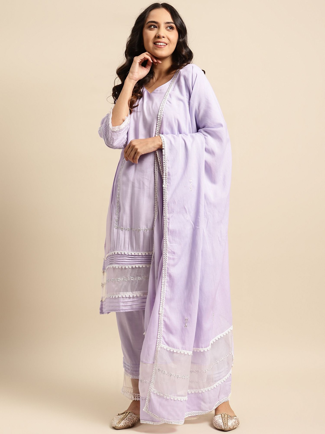 

zuri V-Neck Straight Kurta With Trouser And Dupatta, Purple