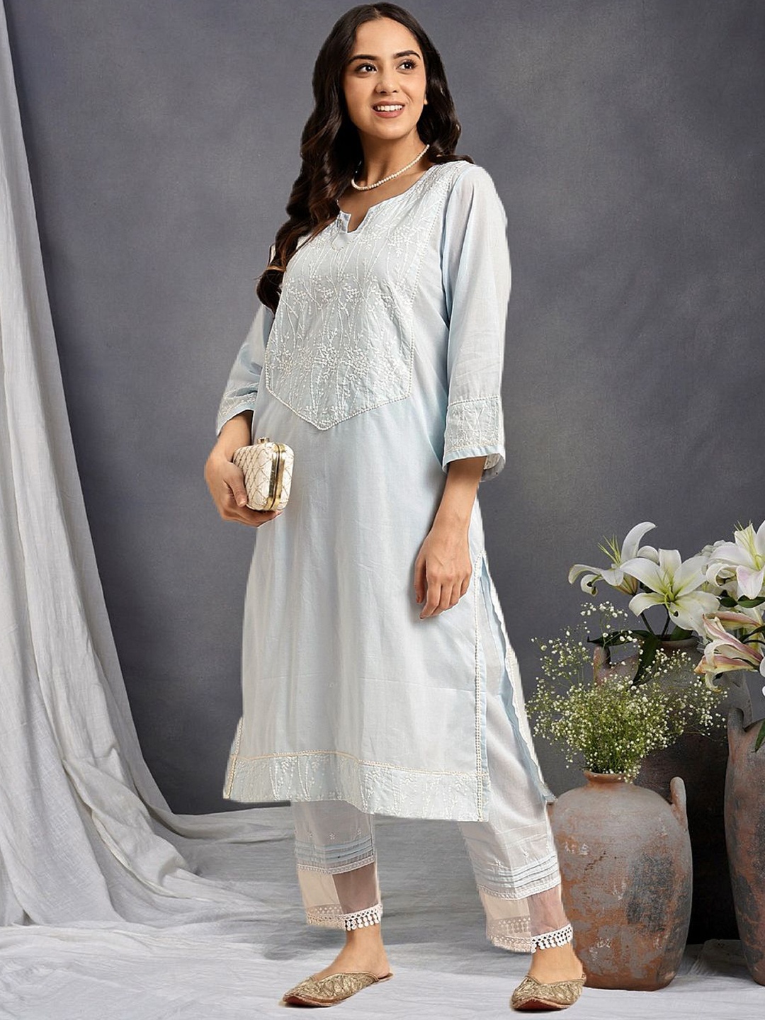 

zuri Floral Embroidered Notch Neck Pure Cotton Straight Kurta With Trouser And Dupatta, Blue