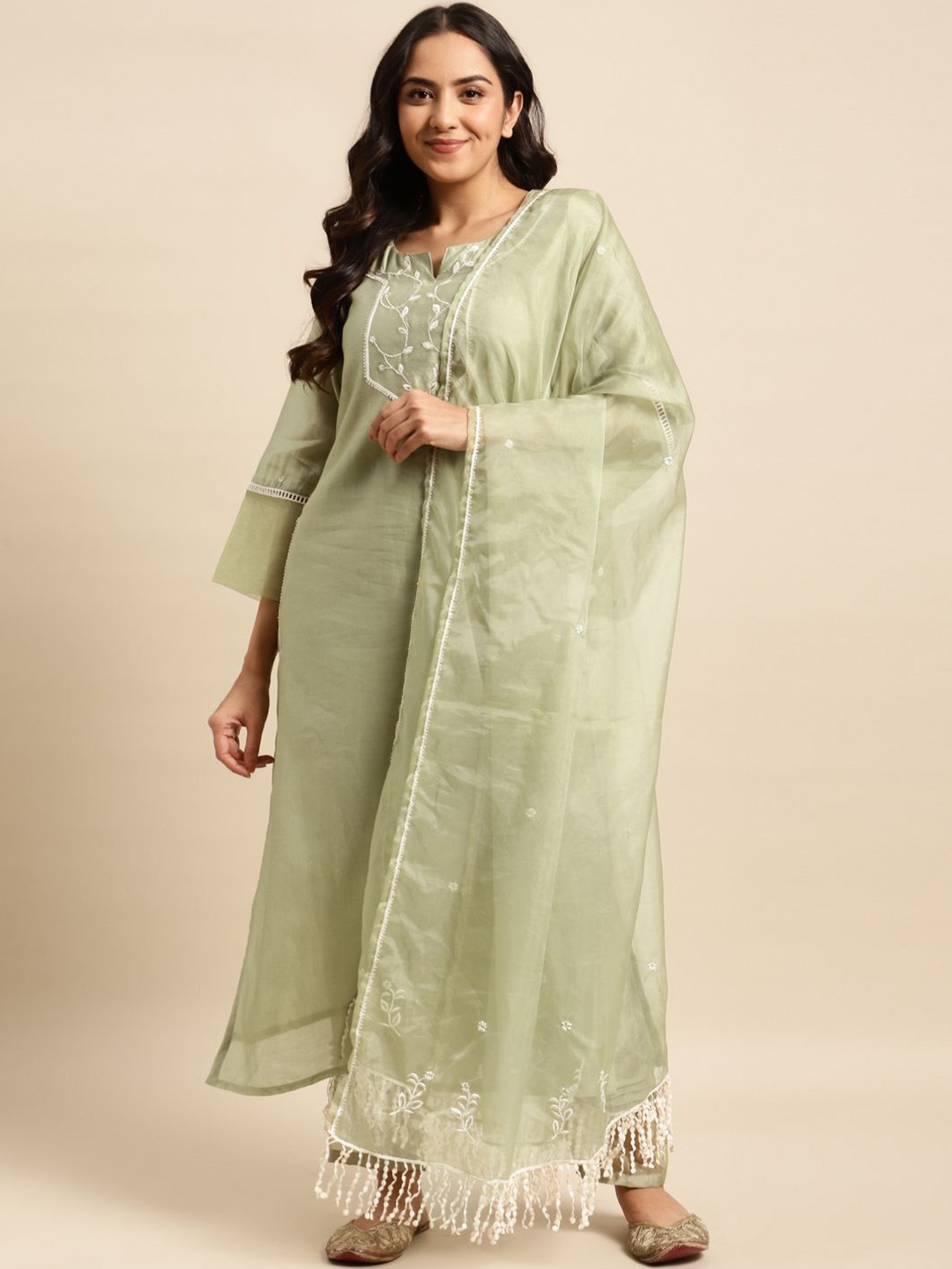 

zuri Floral Embroidered Notch Neck Straight Kurta With Trouser And Dupatta, Green