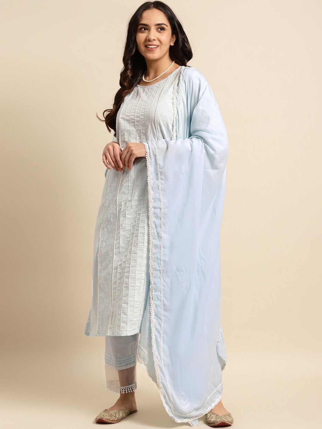 

Zuri Floral Embroidered Pure Cotton Straight Kurta With Trousers & Dupatta Dupatta, Blue