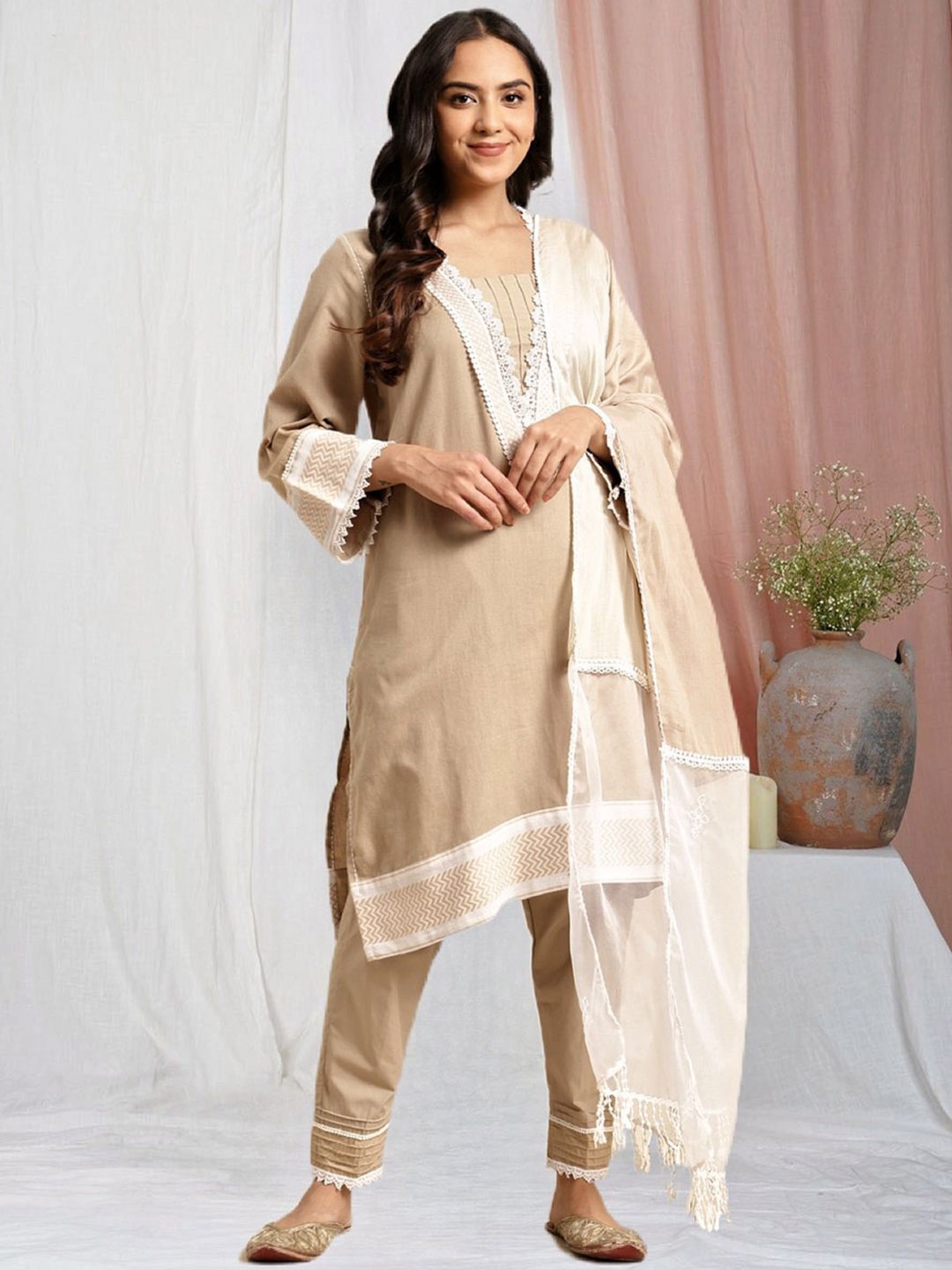 

zuri Floral Embroidered Lace Work Ikat Pure Cotton A-Line Kurta With Trouser & Dupatta, Beige