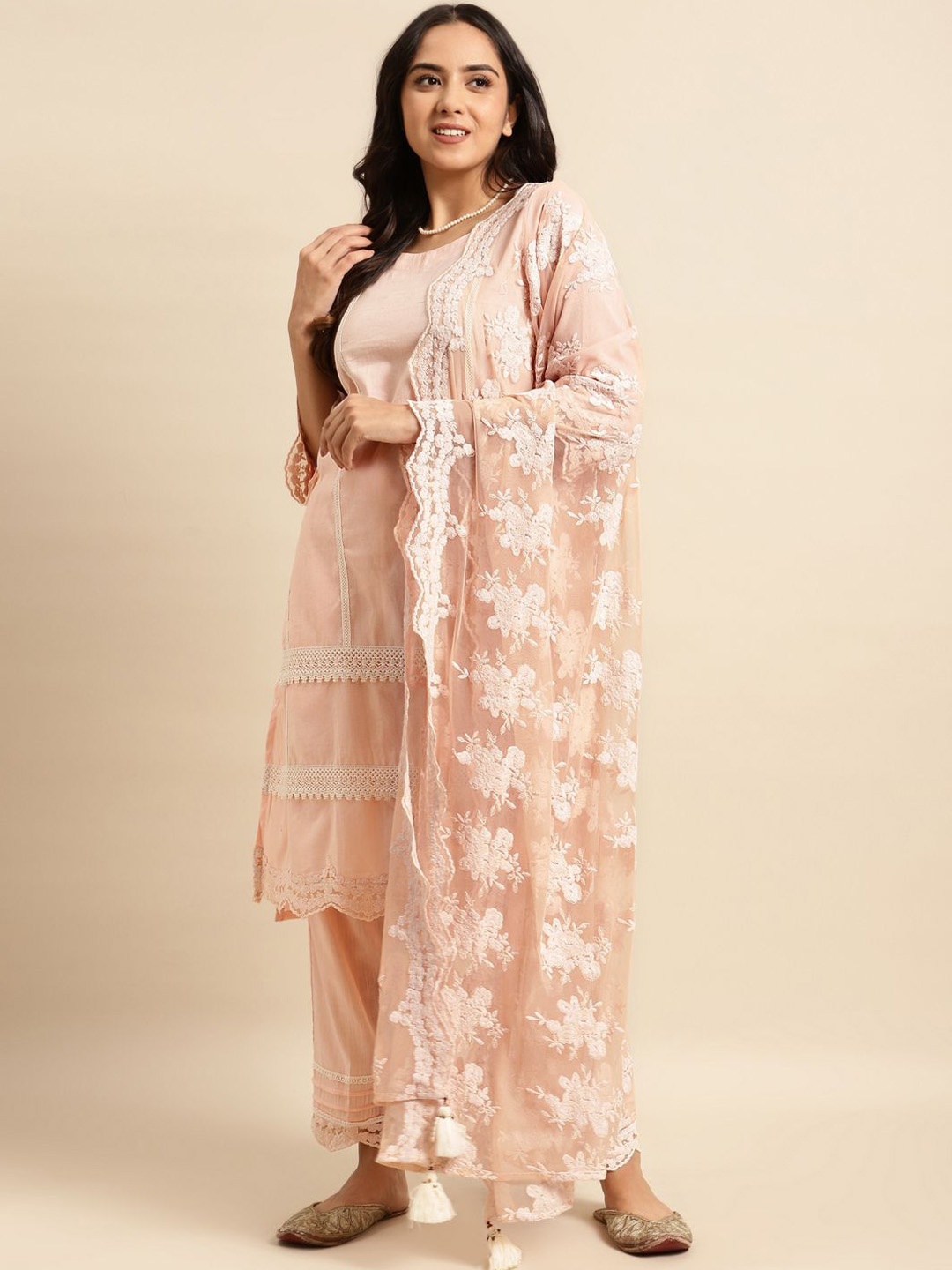 

zuri Pure Cotton Round Neck A-Line Kurta With Trouser And Dupatta, Peach