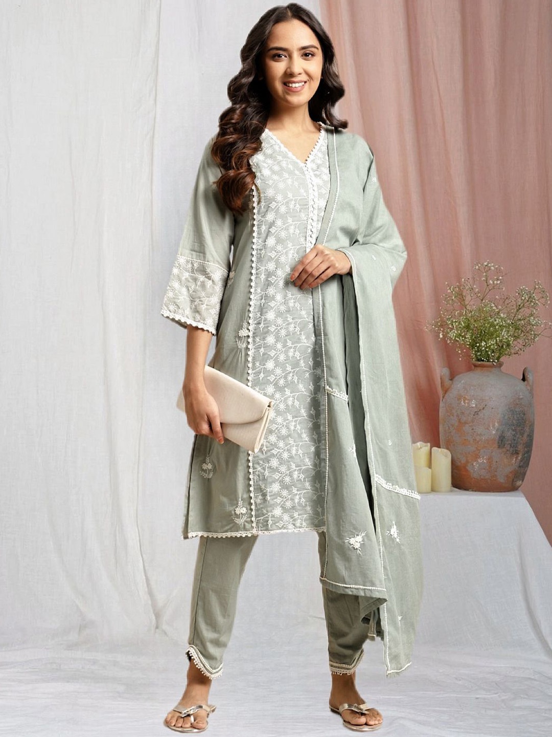 

zuri Floral Embroidered V-Neck Pure Cotton Straight Kurta With Trouser And Dupatta, Olive