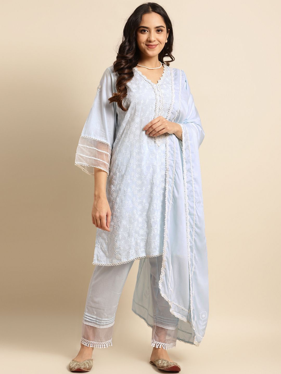 

zuri Floral Embroidered V-Neck Pure Cotton Straight Kurta With Trouser And Dupatta, Blue