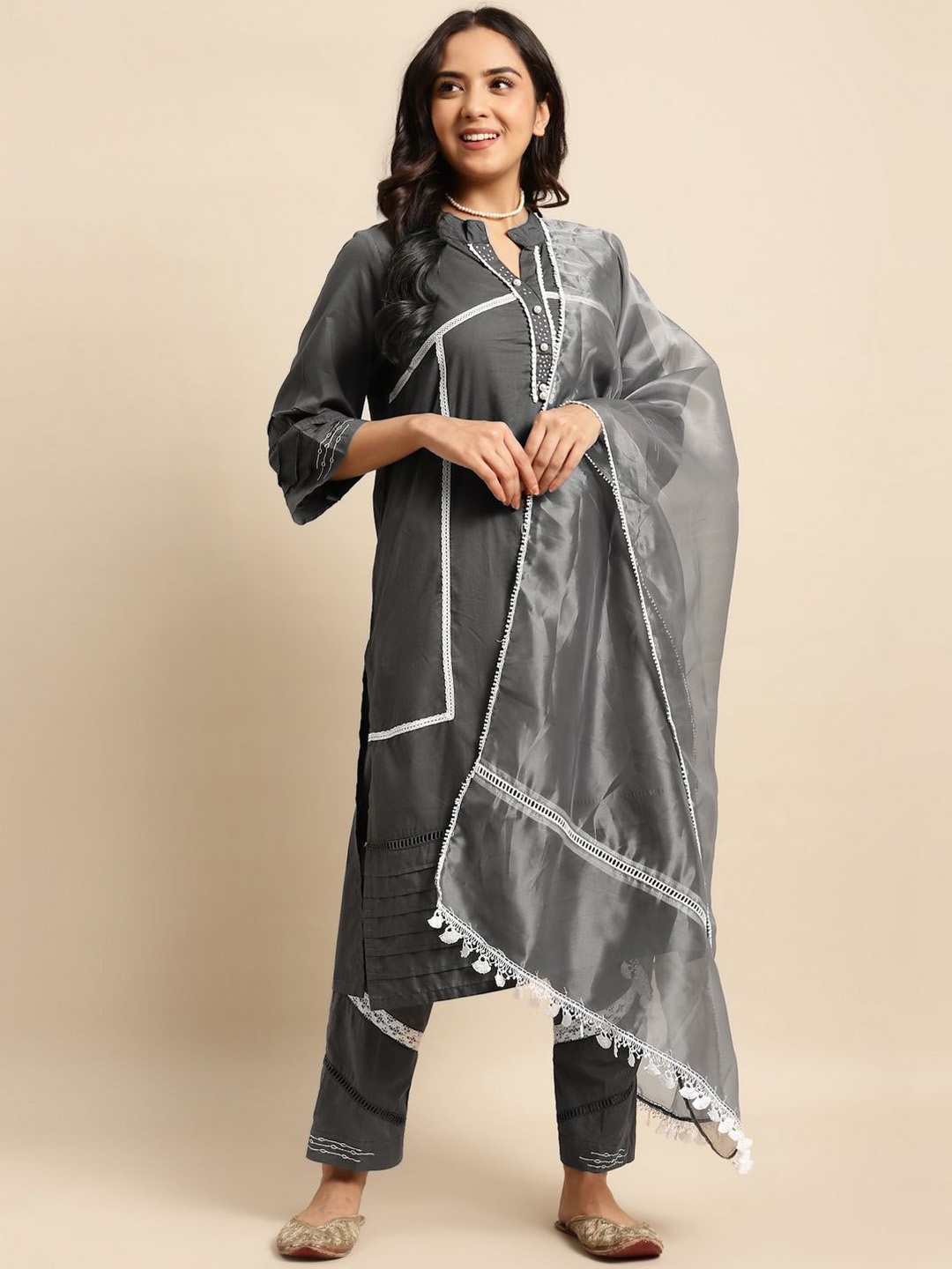 

Zuri Mandarin Collar Pure Cotton Straight Kurta With Trousers & Dupatta, Grey
